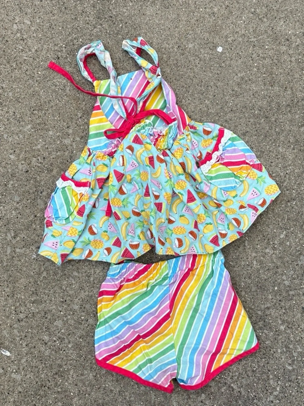 Ricrac & Ruffles colorful striped Fruit print baby girl two piece set